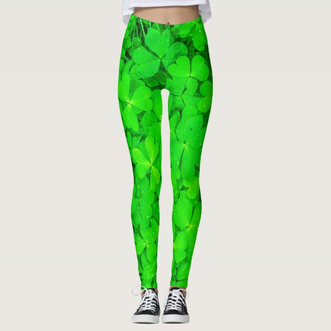 St. Patrick Day Irish Shamrock Clovers Green Leggings (Front)