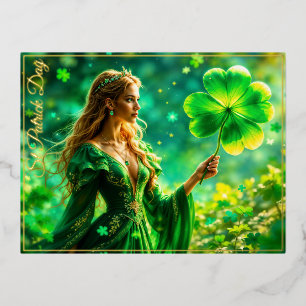 St Patrick Day mystical princess clover magic Foil Holiday Postcard