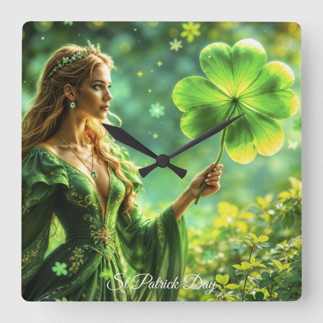 St Patrick Day mystical princess clover magic Square Wall Clock (Front)
