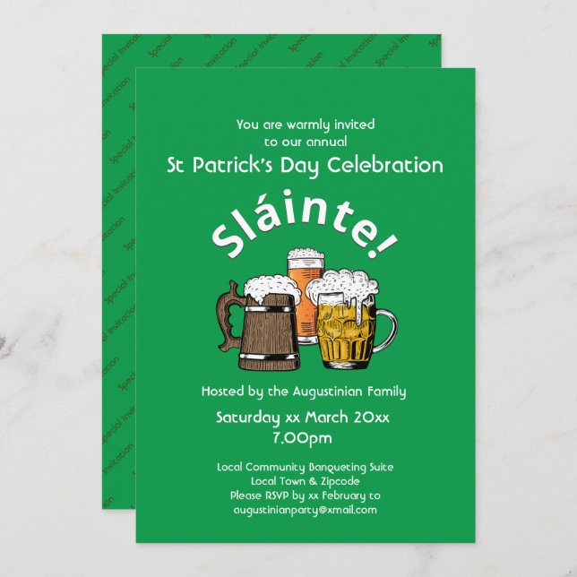 St Patrick' Day Sláinte Cheers & Beers Party Invitation (Front/Back)