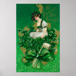 St. Patrick Day Souvenir Woman on Clover Scene Poster