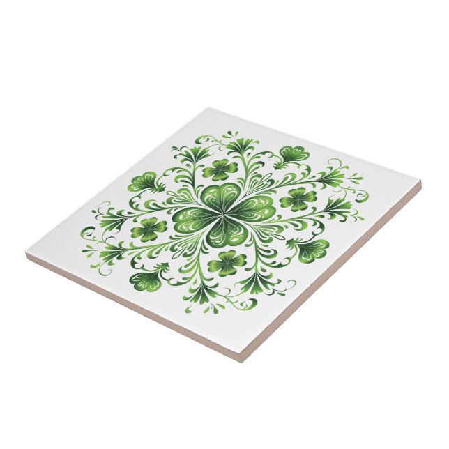 St. Patrick Green Clover Mandala Illustration Ceramic Tile (Side)