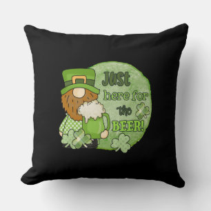 St. Patrick Green Gnome Just Here For The Beer Cushion