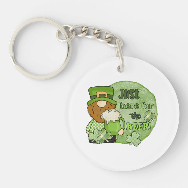 St. Patrick Green Gnome | Just Here For The Beer Key Ring (Front)