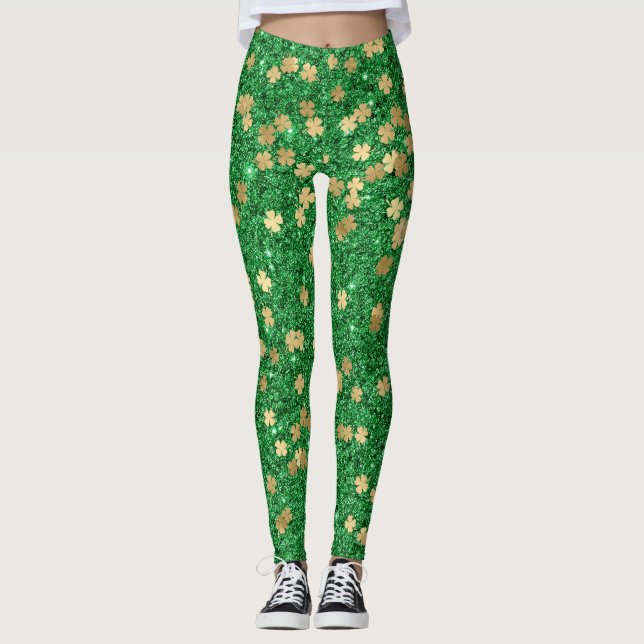 St Patrick Green Gold Clover Shamrock Confetti Fun Leggings (Front)