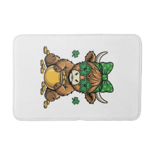 St Patrick Highland Cow Pot of Gold Vintage Art_1 Bath Mat