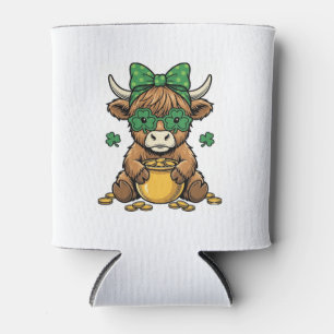 St Patrick Highland Cow Pot of Gold Vintage Art_1 Can Cooler
