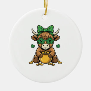 St Patrick Highland Cow Pot of Gold Vintage Art_1 Ceramic Ornament