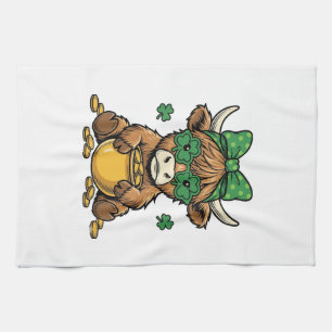 St Patrick Highland Cow Pot of Gold Vintage Art_1 Tea Towel