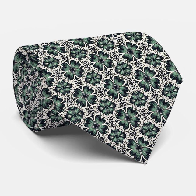 St.  Patrick’s Day Abstract 4-Leaf Clover Pattern  Tie (Rolled)