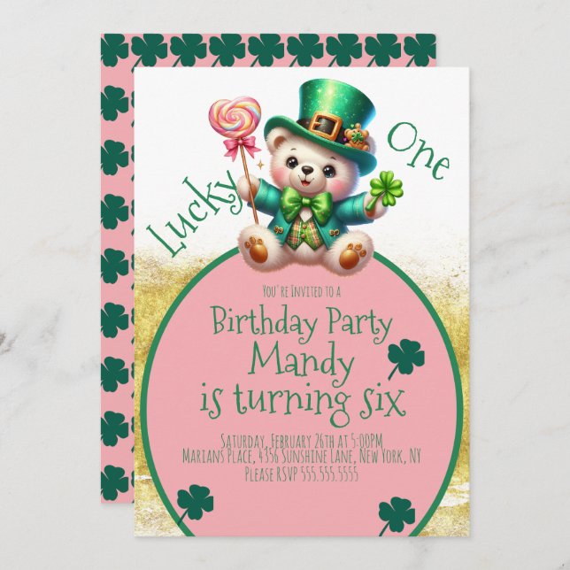 St.Patrick’s Day Bear Cute Girl Birthday Lucky One Invitation (Front/Back)