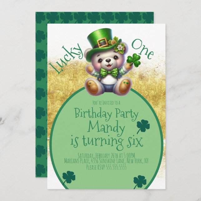 St.Patrick’s Day Bear Cute Gold Birthday Lucky One Invitation (Front/Back)