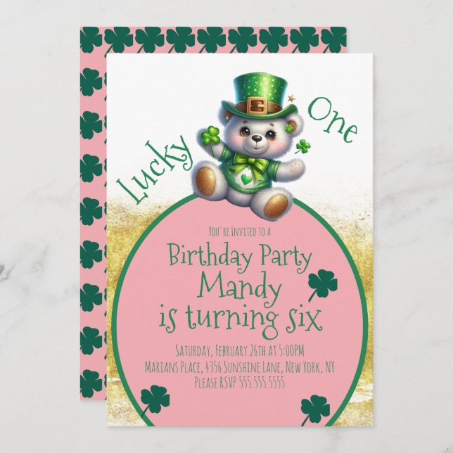 St.Patrick’s Day Bear Girl Birthday Lucky One Invitation (Front/Back)