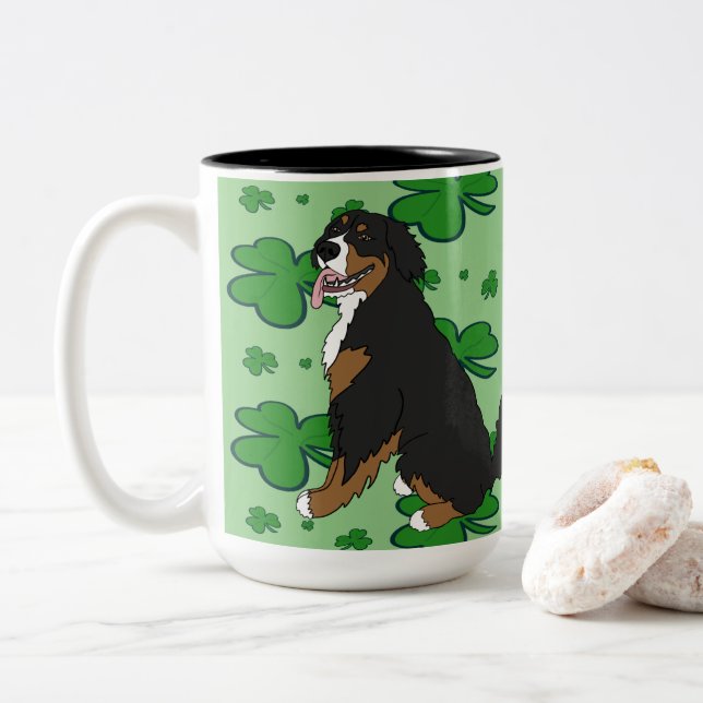 St. Patrick’s Day Bernese Mountain Dog  Two-Tone Coffee Mug (With Donut)