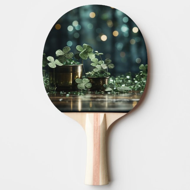 ☘️ St. Patrick’s Day Bokeh Lights & Clovers Ping Pong Paddle (Front)