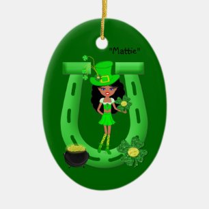 St Patrick’s Day Brunette Girl Leprechaun Ceramic Ornament