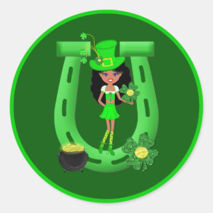 St Patrick’s Day Brunette Girl Leprechaun Classic Round Sticker