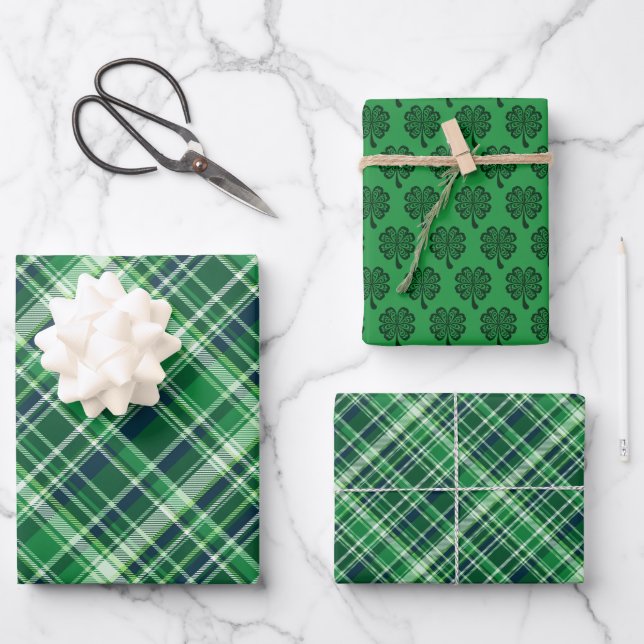 St.  Patrick’s Day Celtic Clover & Plaid Wrapping Paper Sheet (Front)