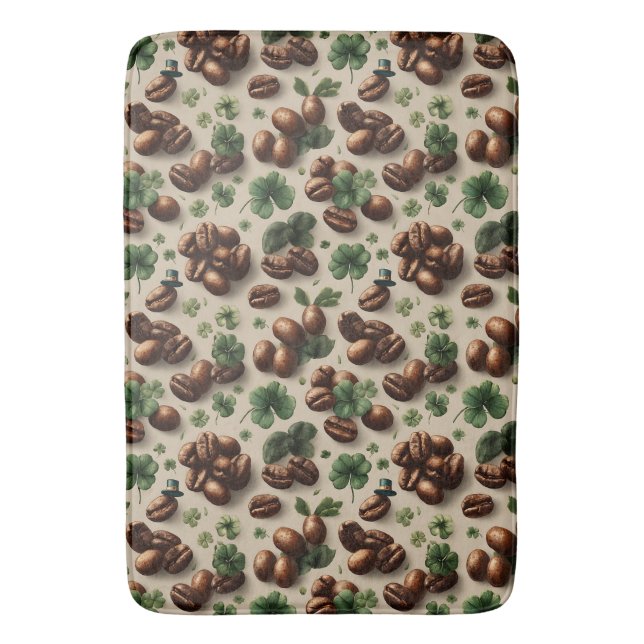 St. Patrick’s Day Coffee & Shamrock Pattern Bath Mat (Front Vertical)