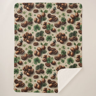 St. Patrick’s Day Coffee & Shamrock Pattern Sherpa Blanket
