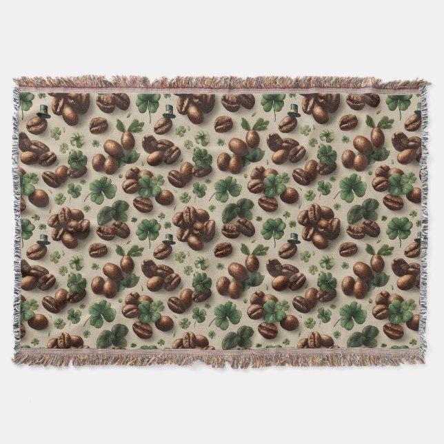 St. Patrick’s Day Coffee & Shamrock Pattern Throw Blanket (Front)