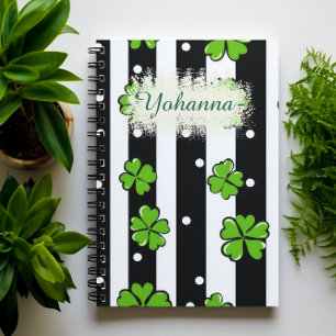 St. Patrick’s Day Custom Name, Stripes & Clovers Notebook