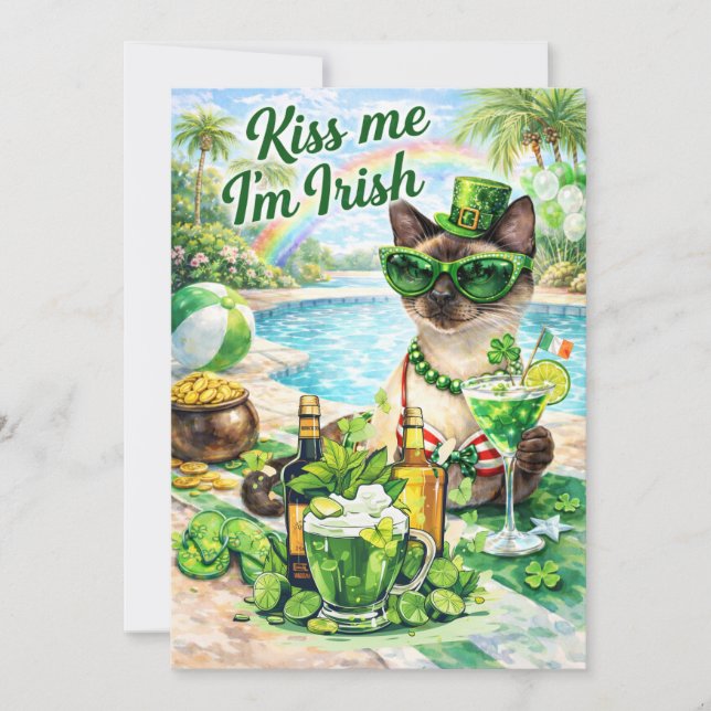 St. Patrick’s Day Glam Cat Pool Party  Holiday Card (Front)