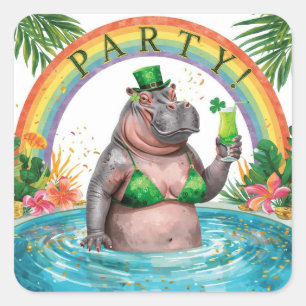 St. Patrick’s Day Glam Hippo Bikini Square Sticker