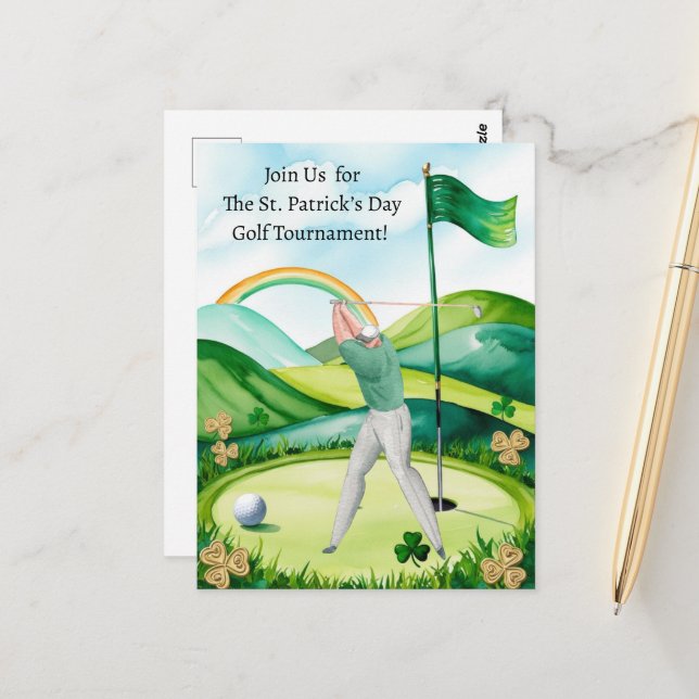 St. Patrick’s Day Golf Tournament Invitation Postcard (Front/Back In Situ)