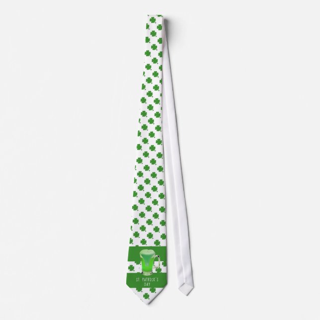 St. Patrick`s day Green Beer Shamrock Pattern Tie (Front)