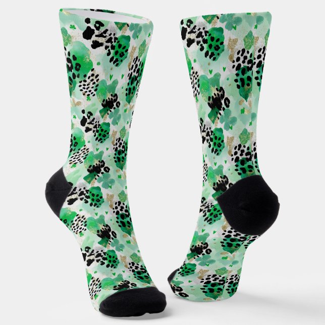 St. Patrick’s Day Green Leopard & Heart Shamrock Socks (Angled)