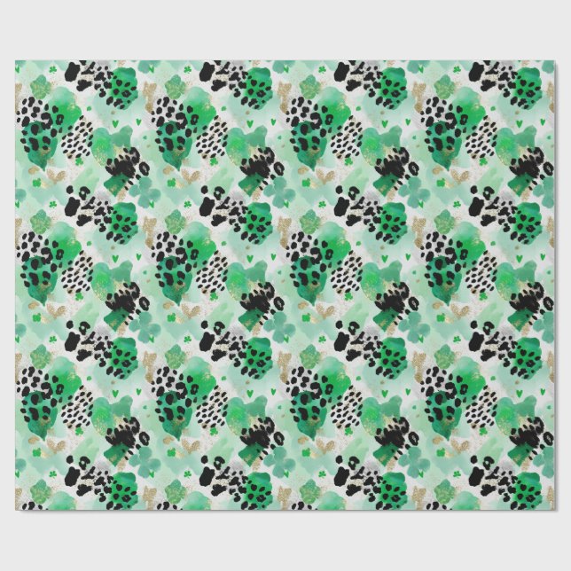 St. Patrick’s Day Green Leopard & Heart Shamrock Wrapping Paper (Flat)