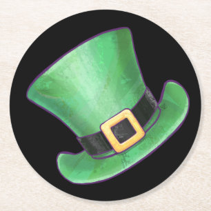 St Patrick’s Day Green Top Hat on Black Round Paper Coaster