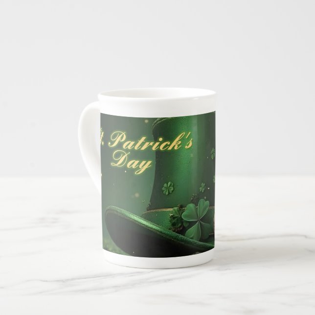 St. Patrick’s Day Hat and Shamrock Design Bone China Mug (Front Left)