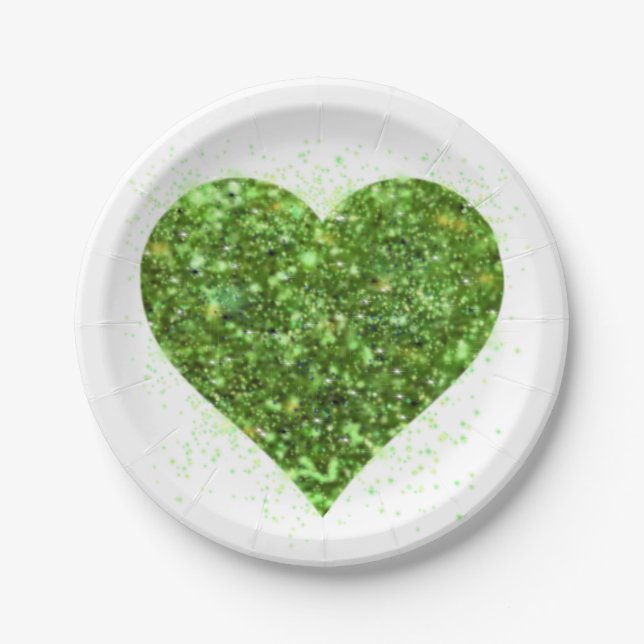 St. Patrick’s day, Irish green glittering heart Paper Plate (Front)
