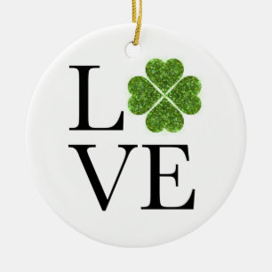 St. Patrick’s day Love green glitter shamrock Ceramic Ornament