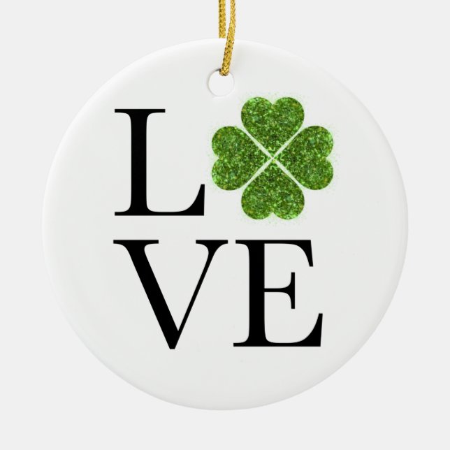 St. Patrick’s day Love green glitter shamrock Ceramic Ornament (Front)