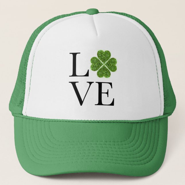 St. Patrick’s day Love green glitter shamrock Trucker Hat (Front)