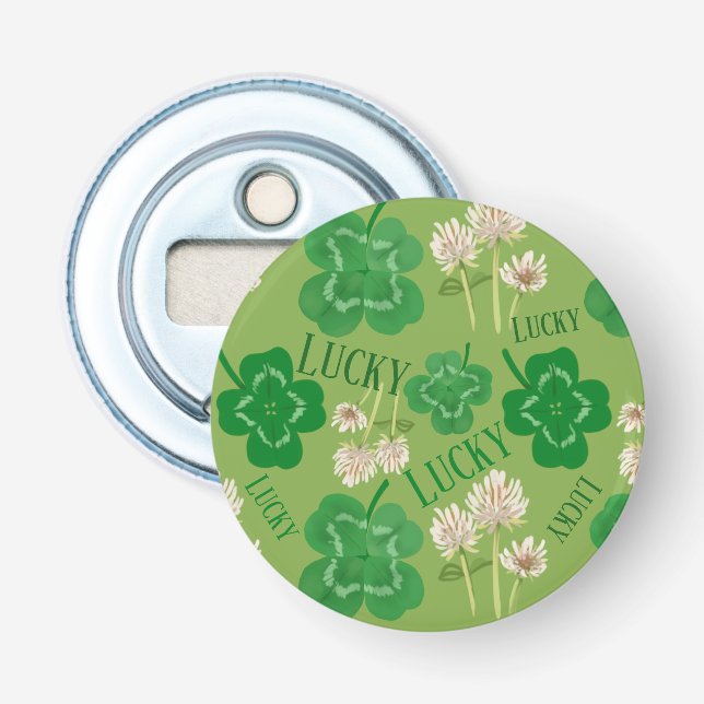 St Patrick’s Day Lucky Green clover Button  Bottle Opener (Front)