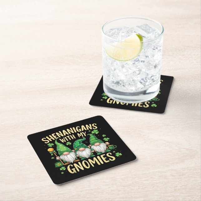 St Patrick’s Day Lucky Shamrock Gnome  Square Paper Coaster (Insitu)