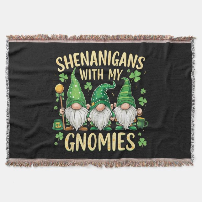 St Patrick’s Day Lucky Shamrock Gnome  Throw Blanket (Front)