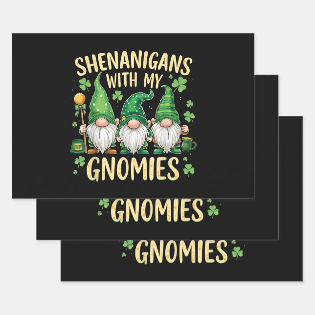 St Patrick’s Day Lucky Shamrock Gnome  Wrapping Paper Sheet (Set)