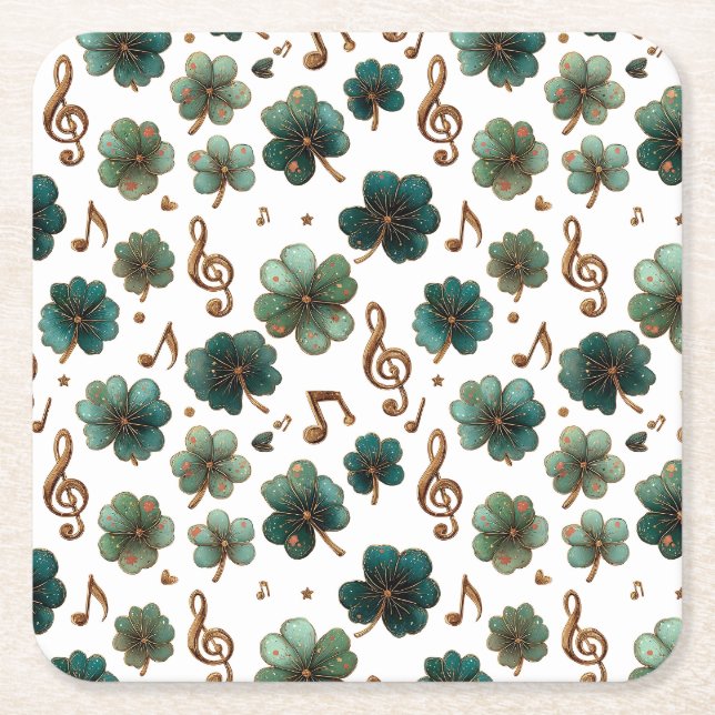 St. Patrick’s Day Musical Shamrock Square Paper Coaster (Front)