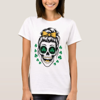St. Patrick’s Day Skull with Shamrocks and Messy  T-Shirt