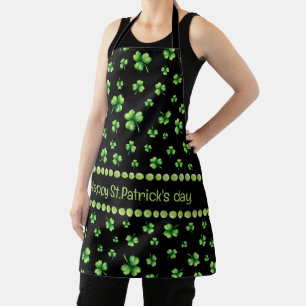 St. Patrick’s Day Watercolor Shamrock on black Apron