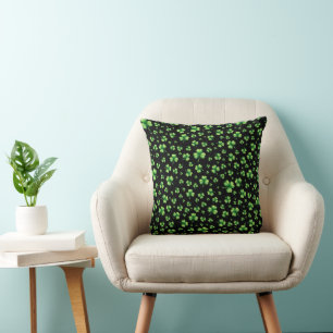 St. Patrick’s Day Watercolor Shamrock on black Cushion