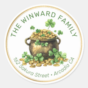St. Patrick’s Pot of Gold & Shamrocks Address Classic Round Sticker