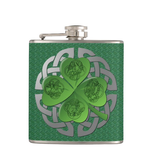 St Patricks - 4 Evangelists Traditional Shamrock Hip Flask (Front)