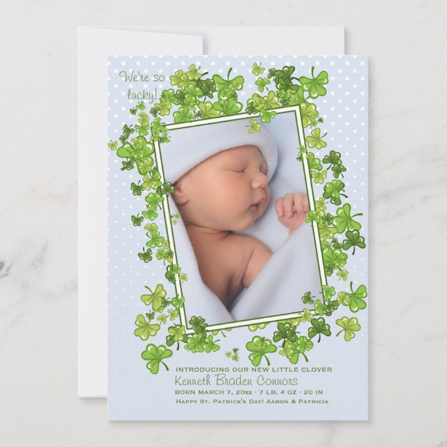 St. Patrick's Baby boy Photo Birth Announcement (Front)