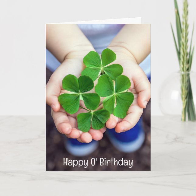 St. Patrick's Birthday Four-Leaf Clovers Holiday Card (Front)
